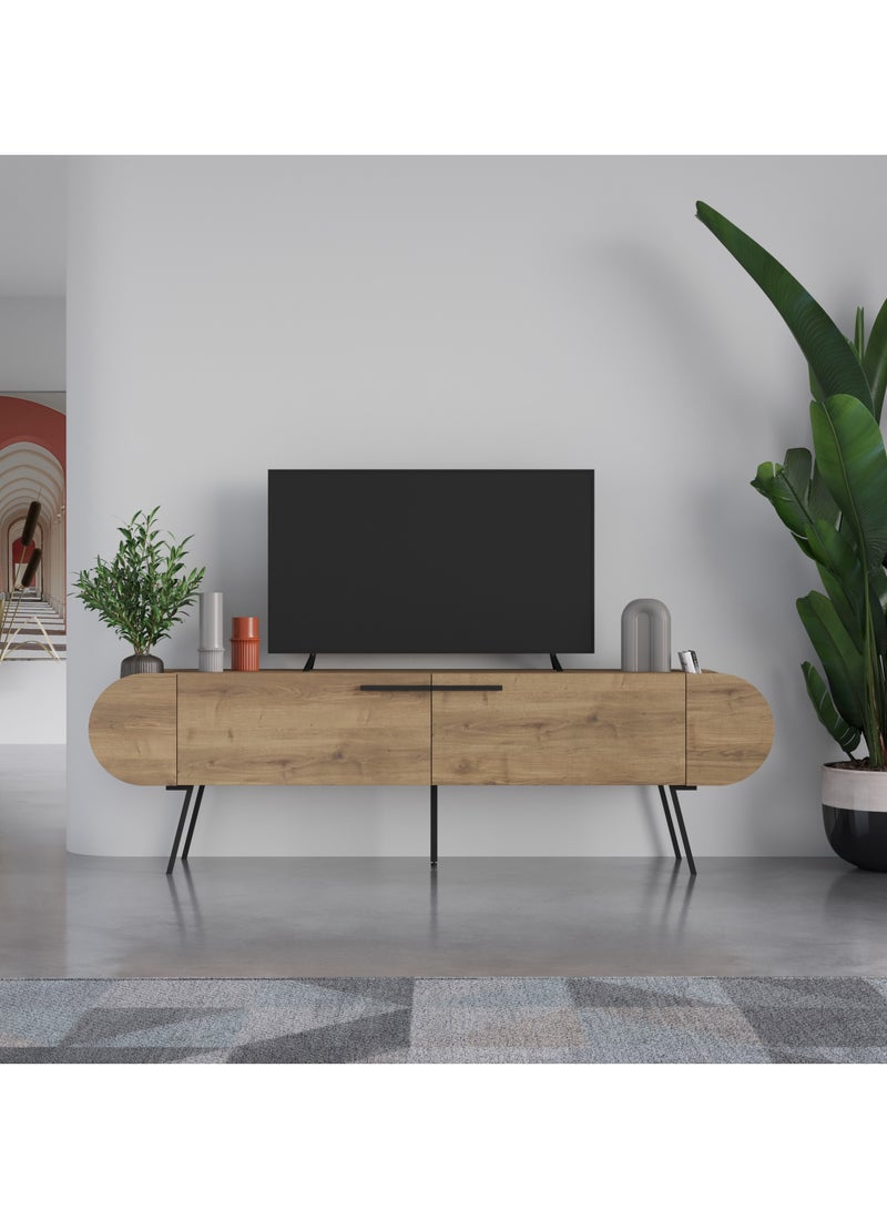 موراه خزانة تلفزيون كبسولة من موراه هوم، تتسع لأجهزة تلفزيون حتى 65 بوصة، مع بابين ودرجين للتخزين، ووحدات تلفزيون لغرفة المعيشة | 195×37.4×57.5 سم | بني - Image 2