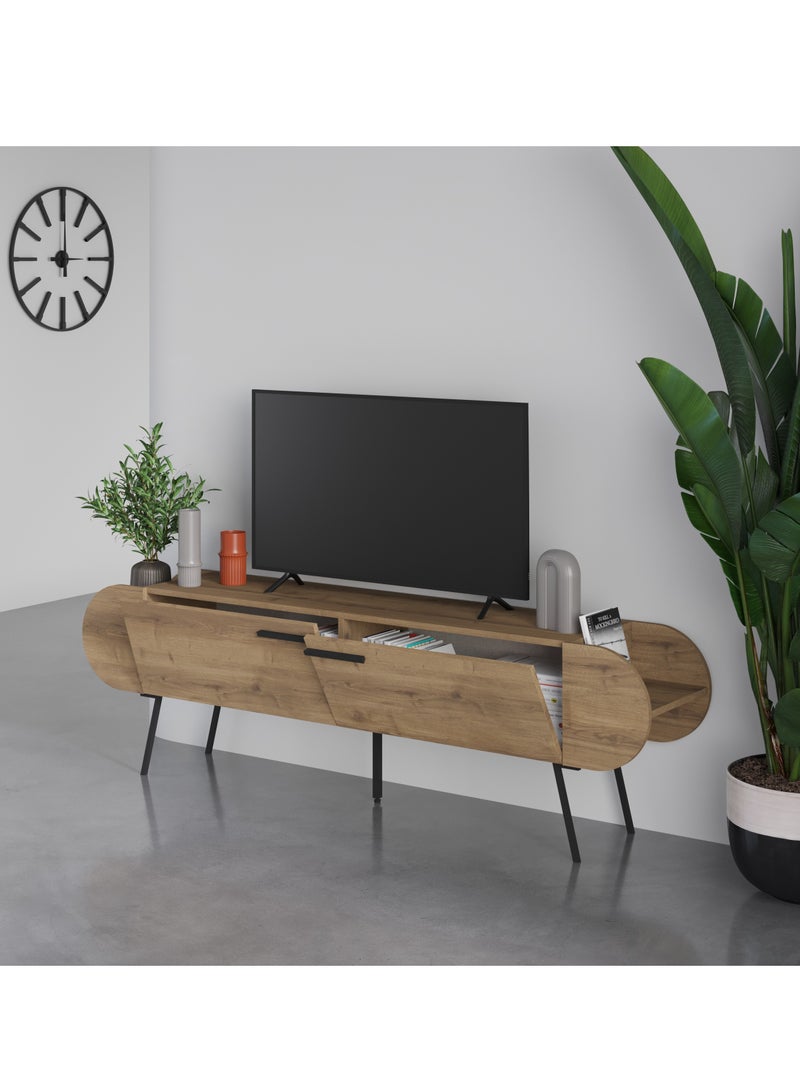 موراه خزانة تلفزيون كبسولة من موراه هوم، تتسع لأجهزة تلفزيون حتى 65 بوصة، مع بابين ودرجين للتخزين، ووحدات تلفزيون لغرفة المعيشة | 195×37.4×57.5 سم | بني - Image 3