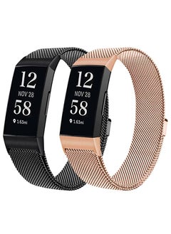 Replacement Bands Compatible with Fitbit Charge 4/3, 2 Pack Metal Band Fitness Sport Bands, Adjustable Stainless Steel Mesh Loop Magnetic Clasp Wristbands for Women Men (Black + Rose Gold)