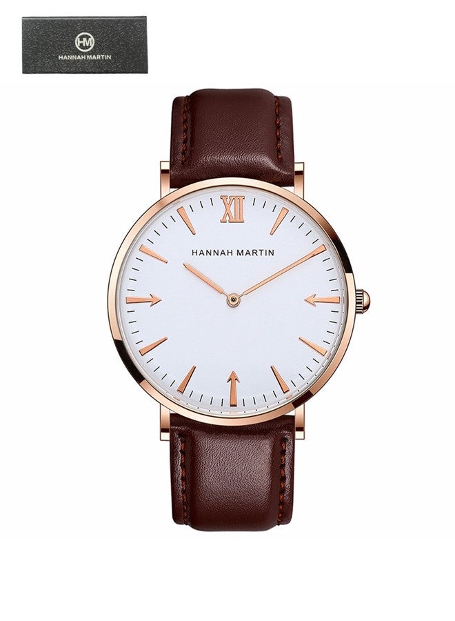 Hannah Martin Classic Leather Strap Quartz Waterproof Analog Wrist Watch Brown Gold - Image 1