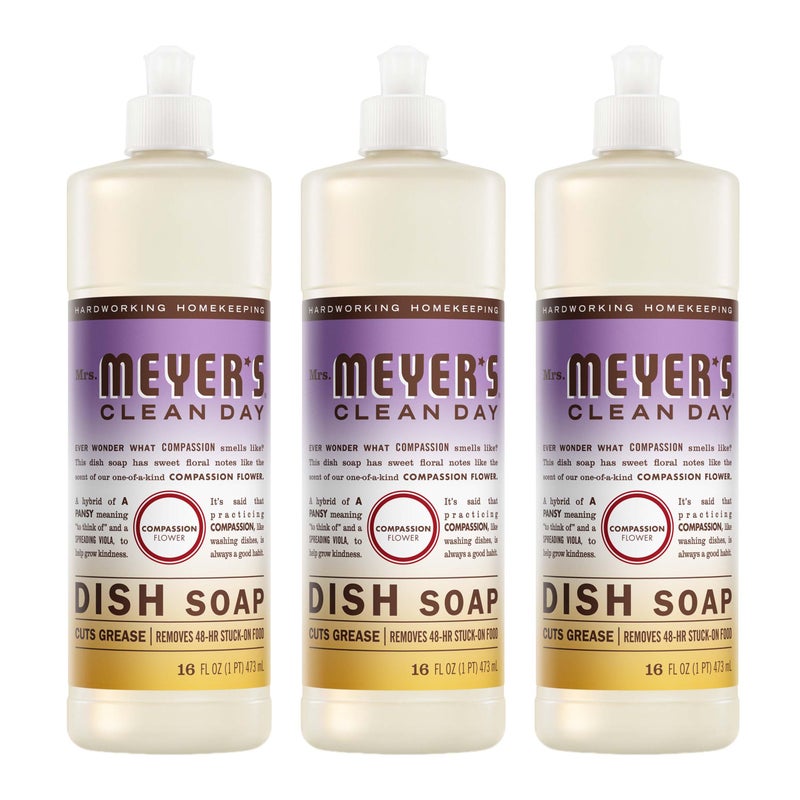 MRS. MEYER'S CLEAN DAY Liquid Dish Soap, Compassion Flower Scent, 16 Fl Oz Bottle - 3 Pack - Image 1