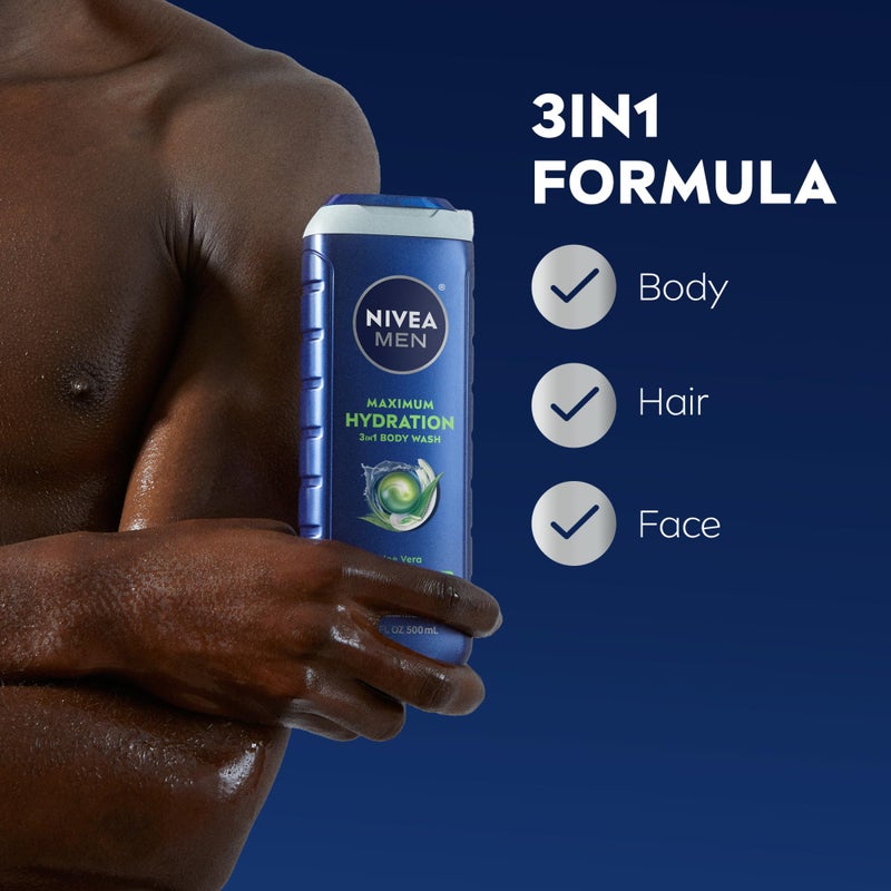 Nivea Men Maximum Hydration Body Wash for Dry Skin, Aloe Vera Enriched, 3-in-1 Moisturizing Body Wash, Face and Hair, Paraben Free, Vegan Formula, 16.9 Fl Oz Bottle, Pack of 3 - Image 3