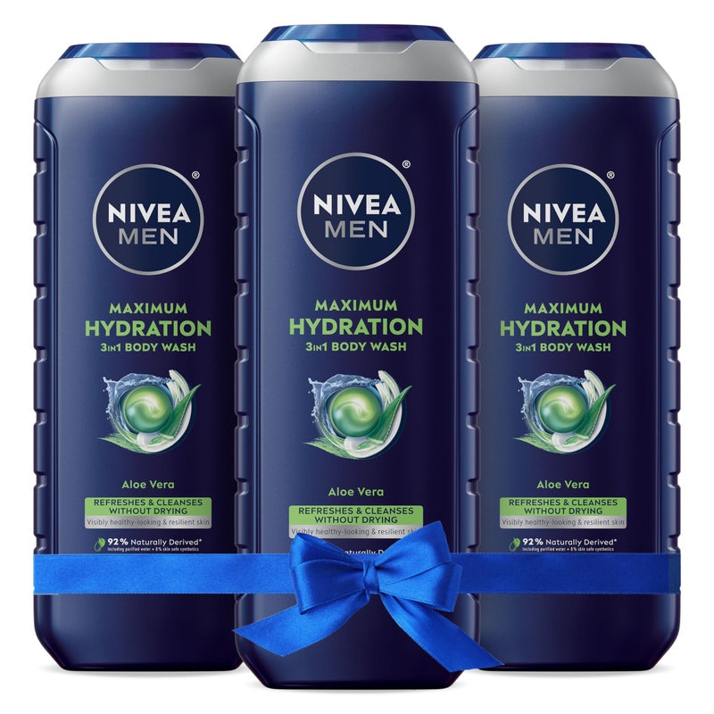 Nivea Men Maximum Hydration Body Wash for Dry Skin, Aloe Vera Enriched, 3-in-1 Moisturizing Body Wash, Face and Hair, Paraben Free, Vegan Formula, 16.9 Fl Oz Bottle, Pack of 3 - Image 1
