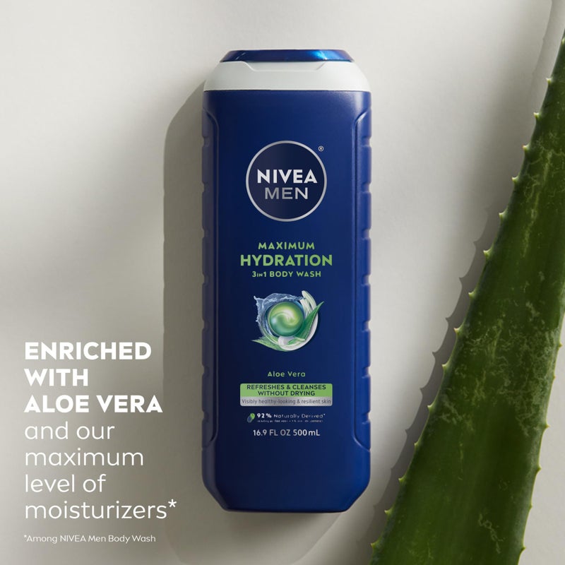 Nivea Men Maximum Hydration Body Wash for Dry Skin, Aloe Vera Enriched, 3-in-1 Moisturizing Body Wash, Face and Hair, Paraben Free, Vegan Formula, 16.9 Fl Oz Bottle, Pack of 3 - Image 4