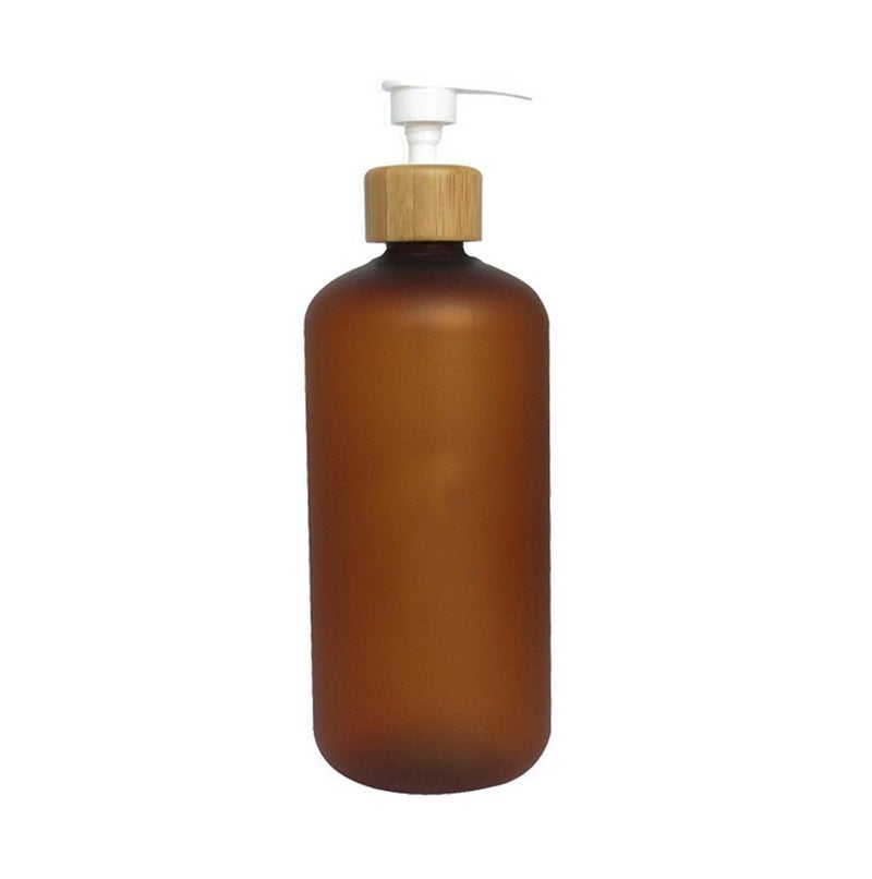 Elandy 500ml Bamboo Cap Amber Frosted Plastic Lotion Cream Pump Bottle Shampoo Body Wash Empty Container 1pcs