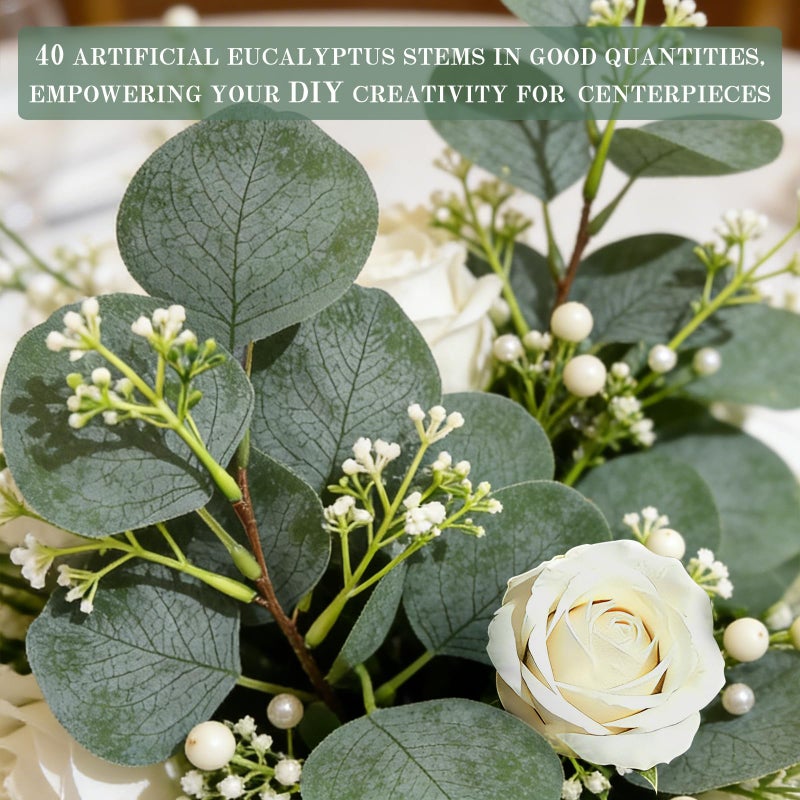 Grandeal 40 Pcs Faux Eucalyptus Leaves Stems Bulk Silver Dollar White Seed Artificial Greenery Stems Fake Sprays Branches for Wedding Table Centerpiece Bouquet Garland Floral Arrangement Home Decor - Image 3