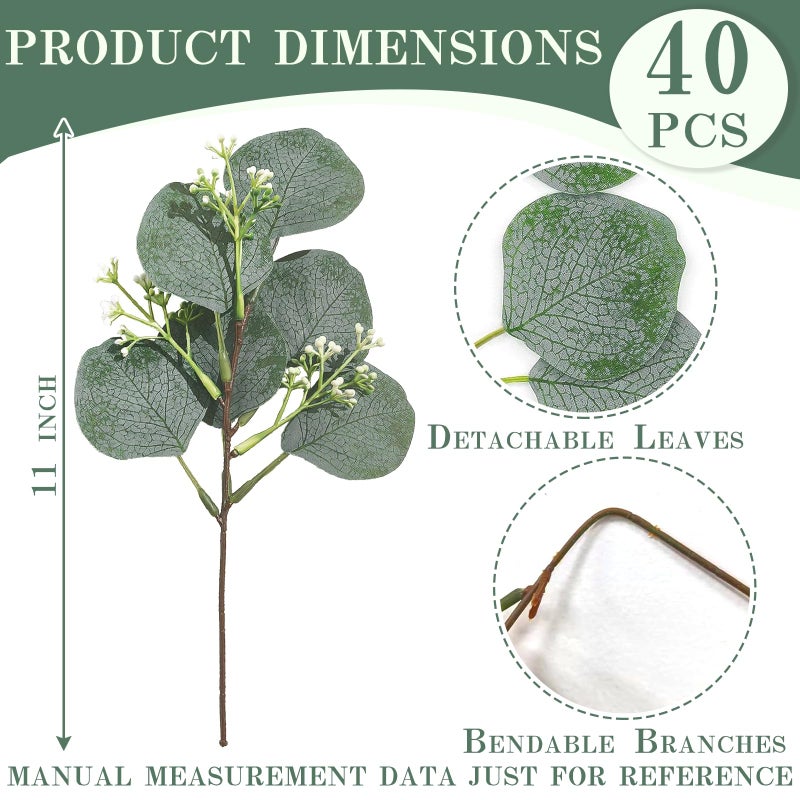 Grandeal 40 Pcs Faux Eucalyptus Leaves Stems Bulk Silver Dollar White Seed Artificial Greenery Stems Fake Sprays Branches for Wedding Table Centerpiece Bouquet Garland Floral Arrangement Home Decor - Image 2