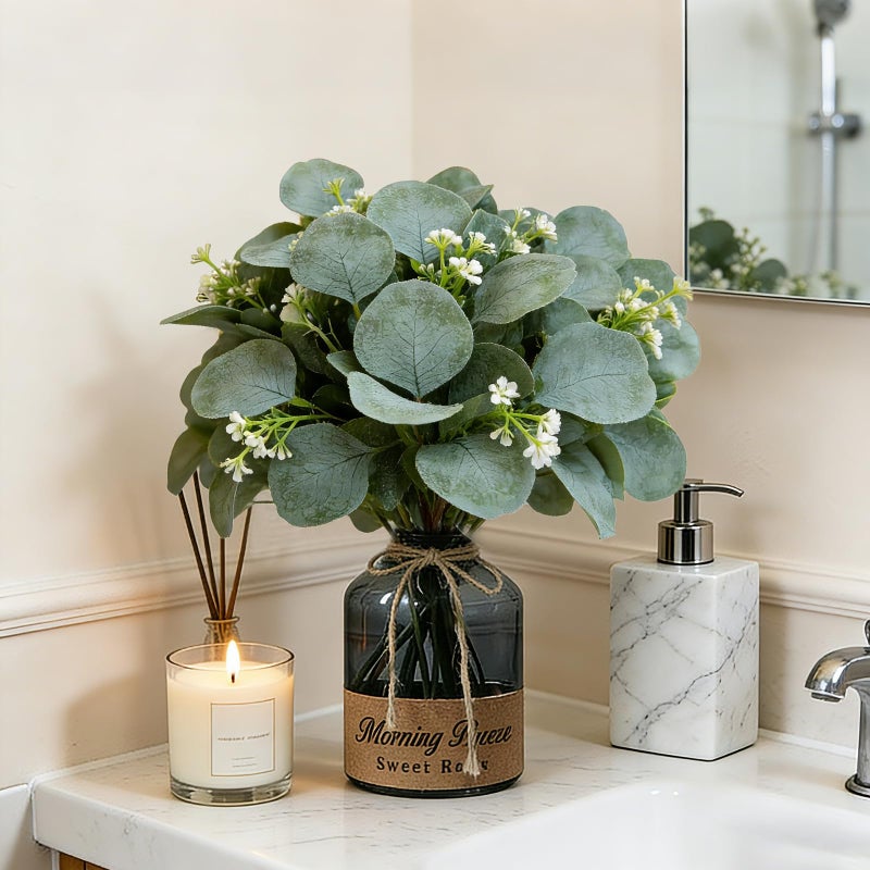 Grandeal 40 Pcs Faux Eucalyptus Leaves Stems Bulk Silver Dollar White Seed Artificial Greenery Stems Fake Sprays Branches for Wedding Table Centerpiece Bouquet Garland Floral Arrangement Home Decor - Image 5