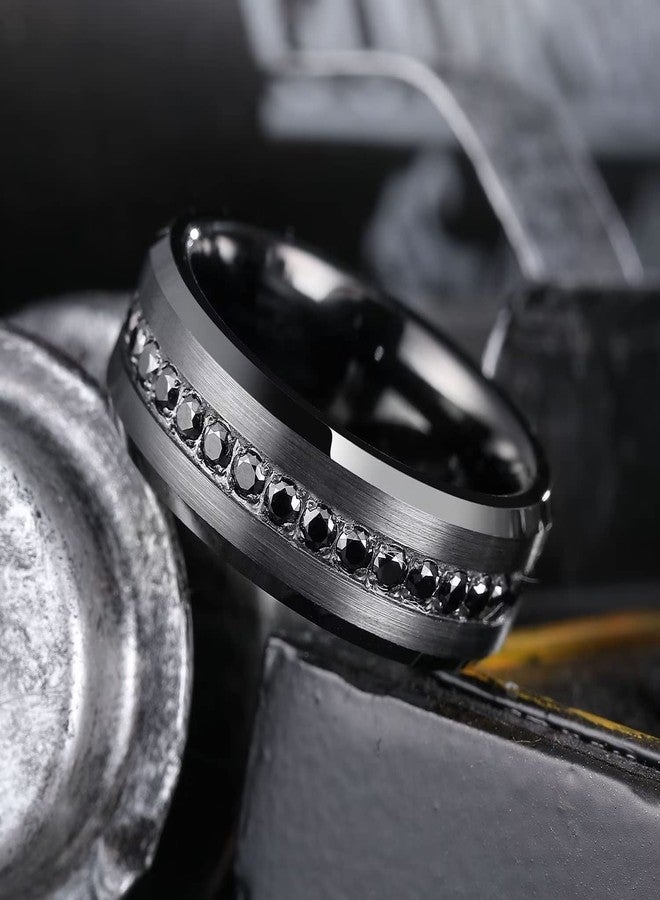 King Will Mens 8mm Black Men Women Tungsten Carbied Rings Wedding Bands Cubic Zirconia Eternity Ring CZ Inlaid Black 8.5 - Image 3