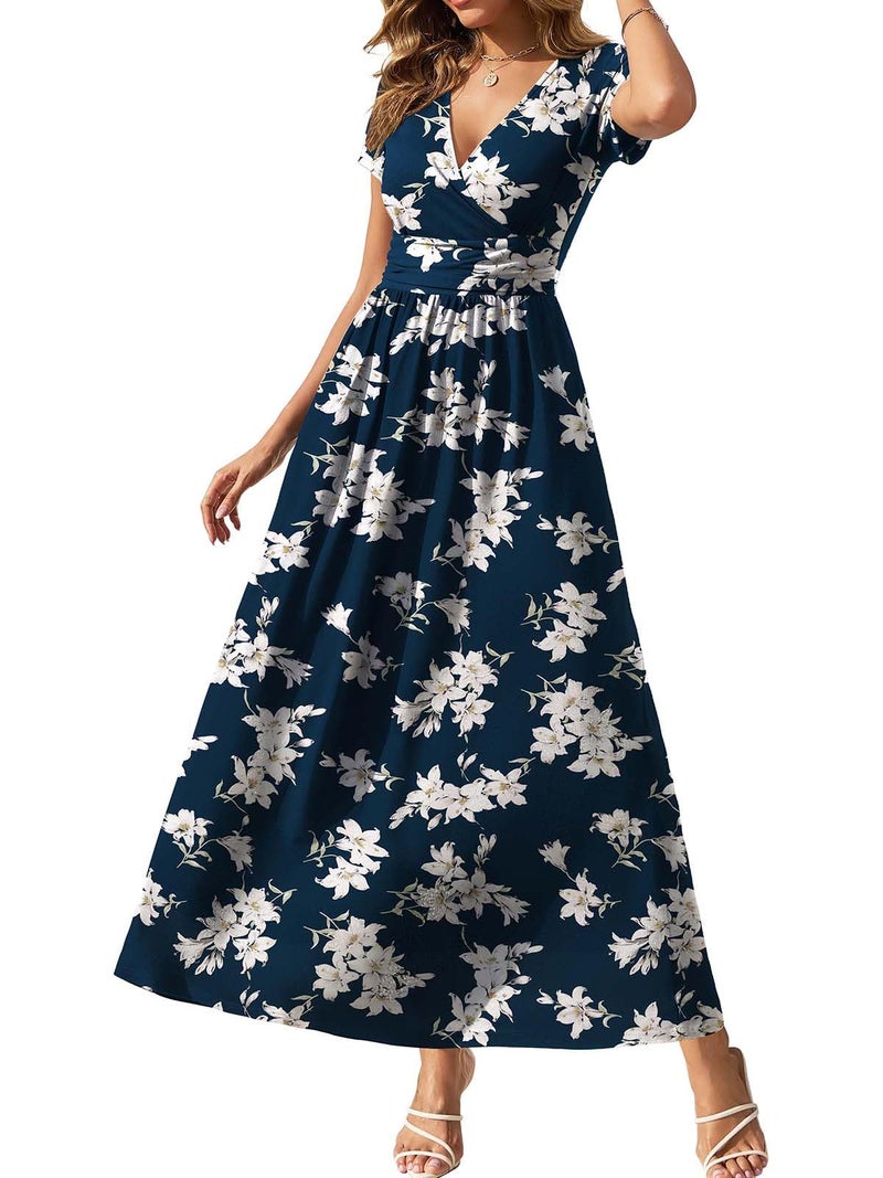 Gracyoga Sundresses for Women 2025 Fall Blue Casual Midi Flowy Wrap V Neck Dress Short Sleeve Blue Lily Print Dresses Summer Vacation Outfits XL - Image 1