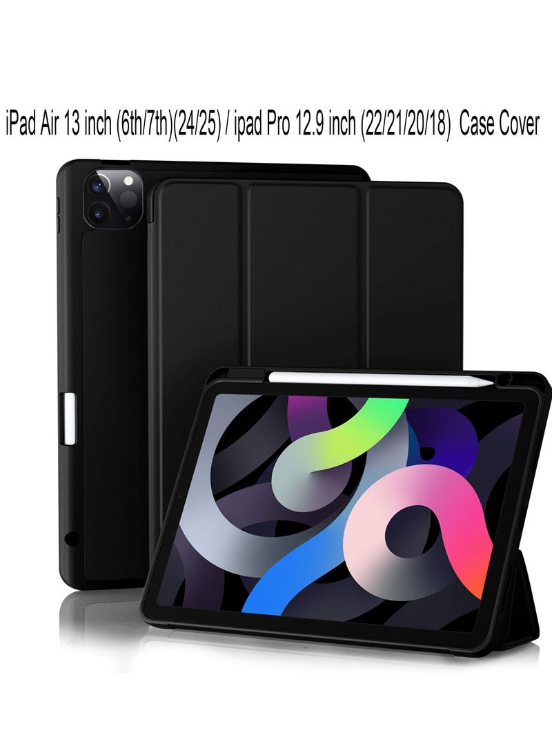 للايباد الهواء 13 بوصة (6 / 7) (24/25) / الايباد برو 12.9 بوصة (22/21/20/18) غطاء القضية ، الاستيقاظ التلقائي / النوم ، لمس الجلد المريح ، غطاء واقي ثلاثي الوقوف النحيف مع الظهر TPU الناعم ، الأسود - Image 1