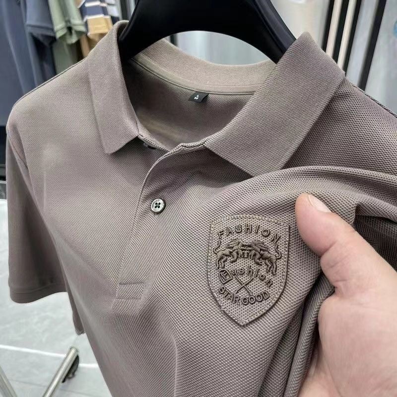 Summer Short-sleeved Mens Polo Shirt Mens Foreign Trade High-end T-shirt Loose Casual All-match Embroidered Lapel T-shirt Top Brown [A05KC]]  - Image 1