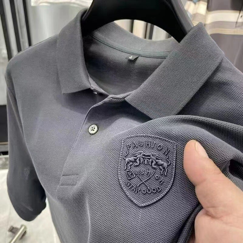 Summer Short-sleeved Mens Polo Shirt Mens Foreign Trade High-end T-shirt Loose Casual All-match Embroidered Lapel T-shirt Top Brown [A05KC]]  - Image 3