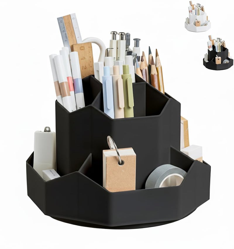 GROFFY Pencil Pen Holder for Desk,9 Slots 360 Degree Rotating Desk Organizers,Desktop Storage Stationery Supplies Organizer, Cute Pencil Cup Pot For Office, School, Home (BLACK) - Image 1