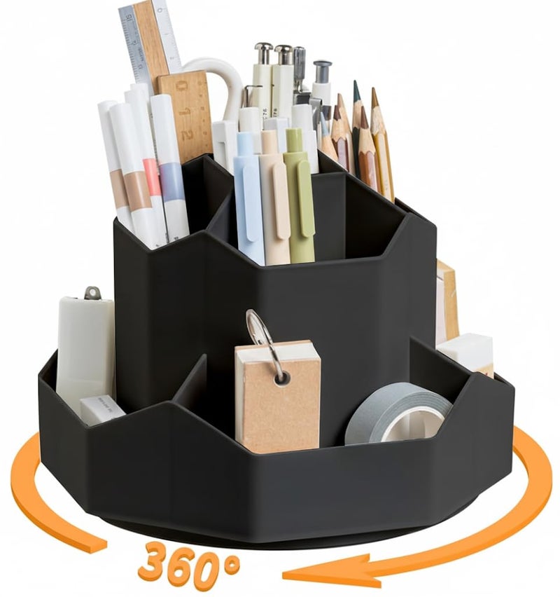 GROFFY Pencil Pen Holder for Desk,9 Slots 360 Degree Rotating Desk Organizers,Desktop Storage Stationery Supplies Organizer, Cute Pencil Cup Pot For Office, School, Home (BLACK) - Image 3