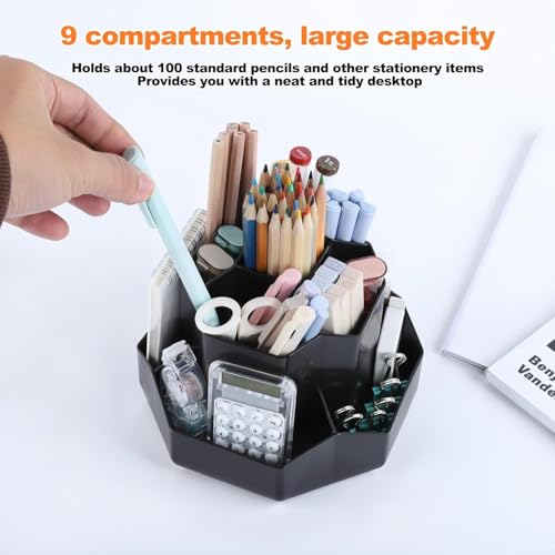 GROFFY Pencil Pen Holder for Desk,9 Slots 360 Degree Rotating Desk Organizers,Desktop Storage Stationery Supplies Organizer, Cute Pencil Cup Pot For Office, School, Home (BLACK) - Image 5