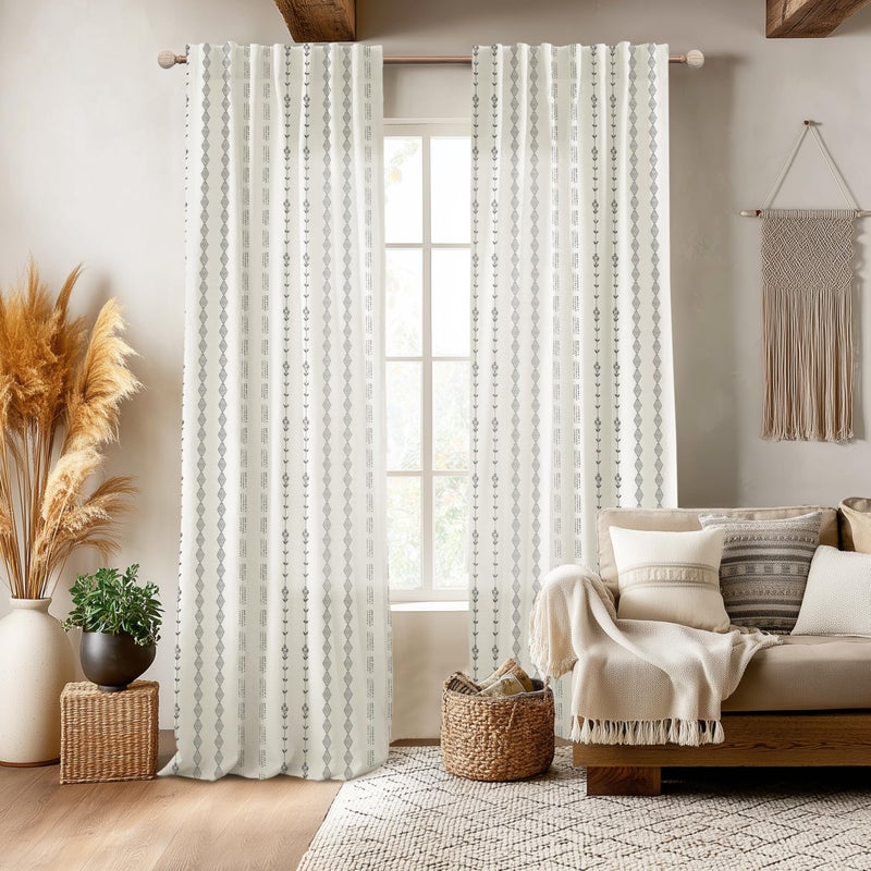 Lino Rosa Linen Curtains 96 Inches Long,Sheer Cream Boho Floor Length to Ceiling Curtains for Living Room 2 Panel Set - Image 1