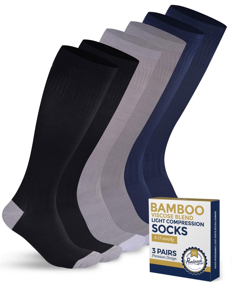Pembrook Bamboo Viscose Light Compression Socks - 3 Pairs | 8-15 mmHg Compression Socks Women and Men | Soreness, Varicose Veins, Edema | Black, Grey, Navy - Image 1