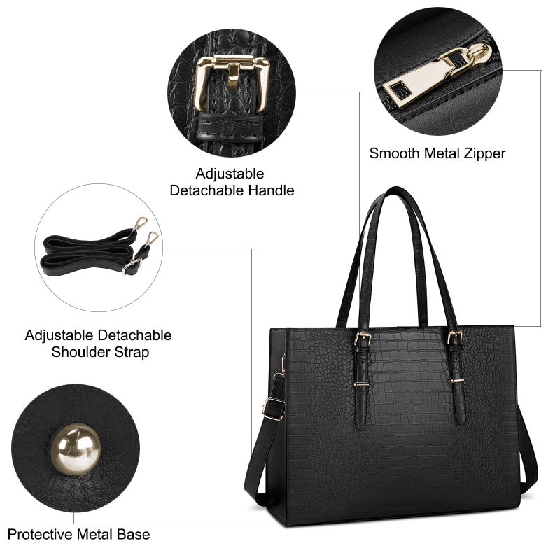 Lubardy Laptop Bag for Women 15.6 Inch Laptop Tote Bag Leather Classy Computer Briefcase for Work Waterproof Handbag Professional Shoulder Bag Women Business Office Bag Large Capacity Black - Image 3
