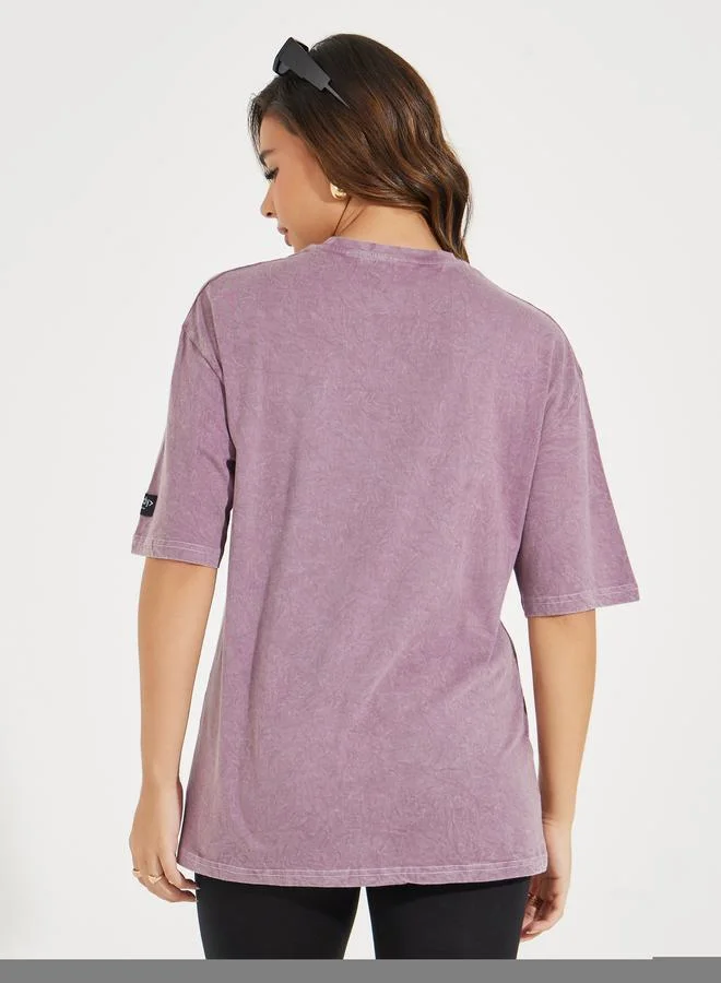 Styli Oversized Longline Acid Wash T-Shirt with Badge Detail