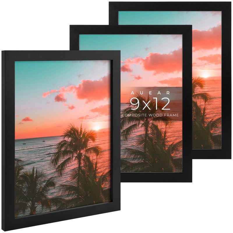 AUEAR  9x12 Picture Frames Set of 3  with Mat for 6x8 or 9x12 without Mat  Engineered Wood Photo Frames with Plexiglass  Wall Mounting (Black) - Image 1