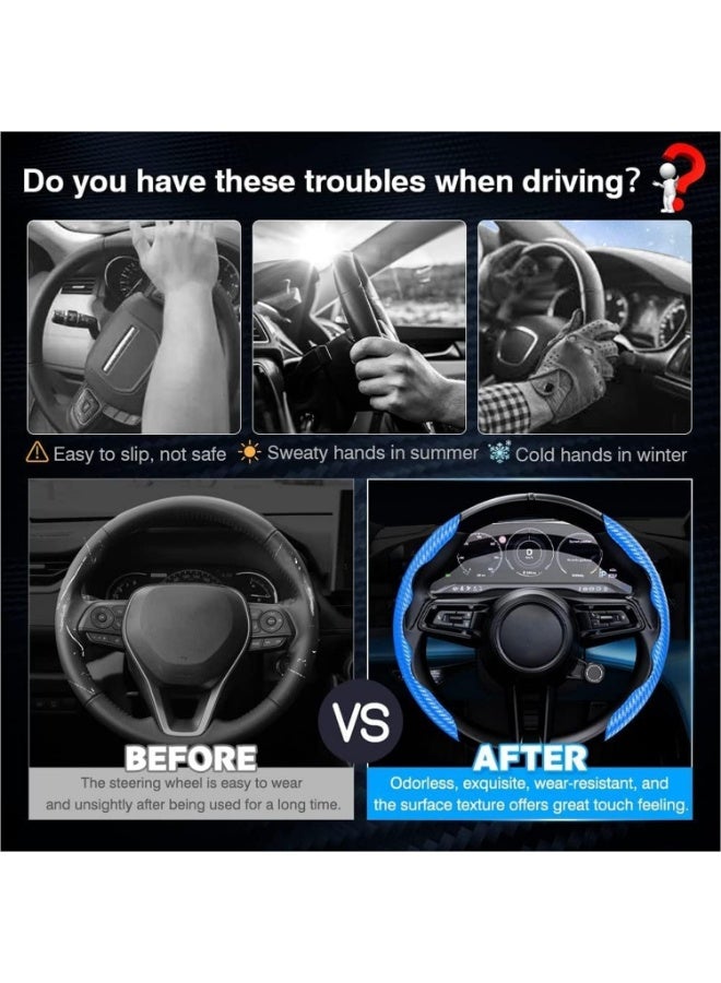 YONK New Carbon Fiber Steering Pattern Wheel Cover for Women&Man, Safe and Non-Slip Car Accessory Protector Wheel Cover Universal Automobile Interior Accessories Sport BLUE - Image 2