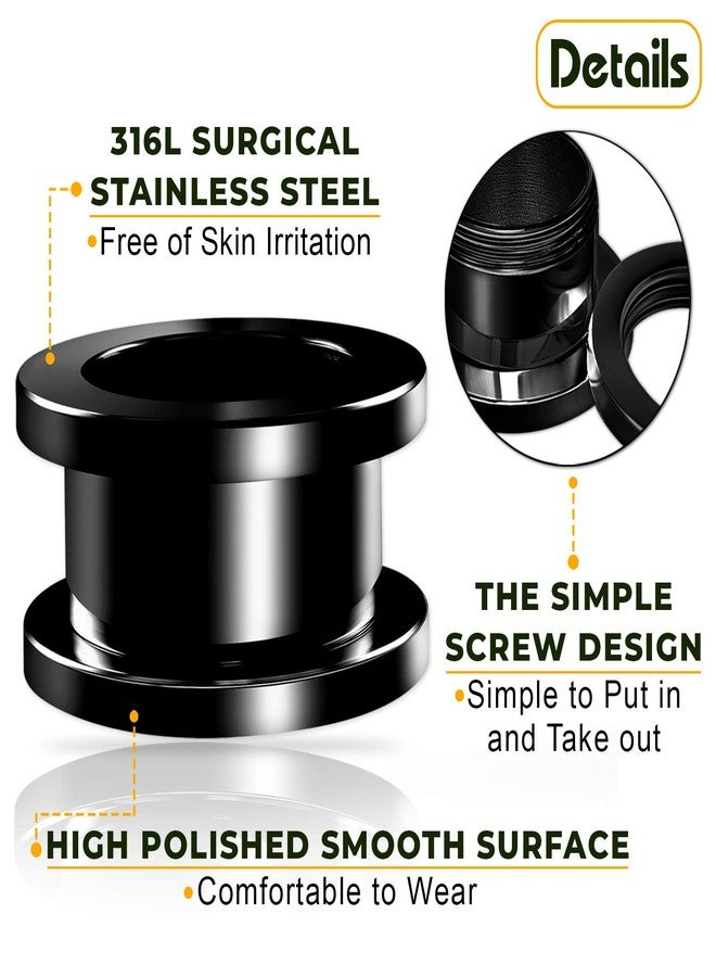 BIG GAUGES Pair of 316L Surgical Steel Black Anodized Screw-fit Piercing Jewelry Ear Stretching Lobe Plugs Flesh Tunnel Earring, Stainless Steel, , Stainless Steel, - Image 3