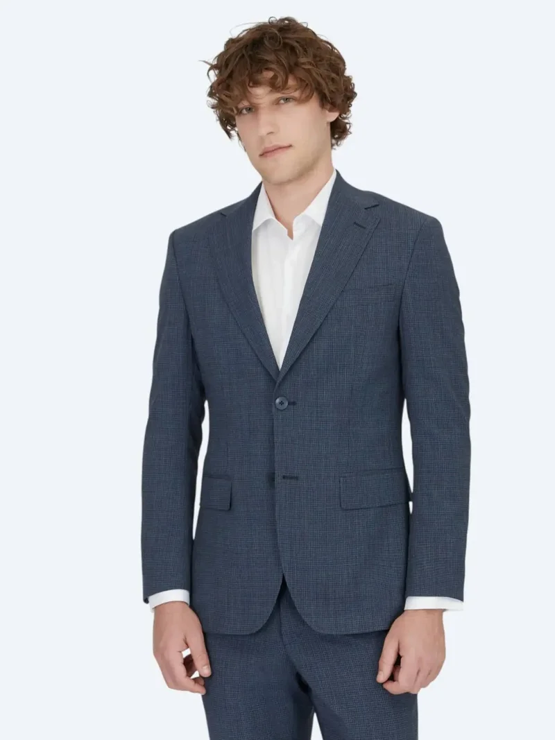 Kip Navy Blue Patterned Modern Fit Wool Blended Suit