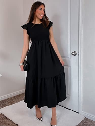 OFEEFAN Women's Casual Dresses Ruffle Sleeve Smocked Maxi Dress Church Dress Black S - Image 2