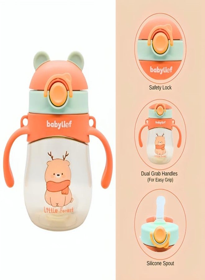 Babylief™ Soft Straw for 360° Drinking Sippy Water Bottle with Handles and Straps, Cartoon Animal Design (Peachy Orange) - Image 5