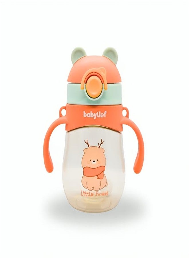 Babylief™ Soft Straw for 360° Drinking Sippy Water Bottle with Handles and Straps, Cartoon Animal Design (Peachy Orange) - Image 1