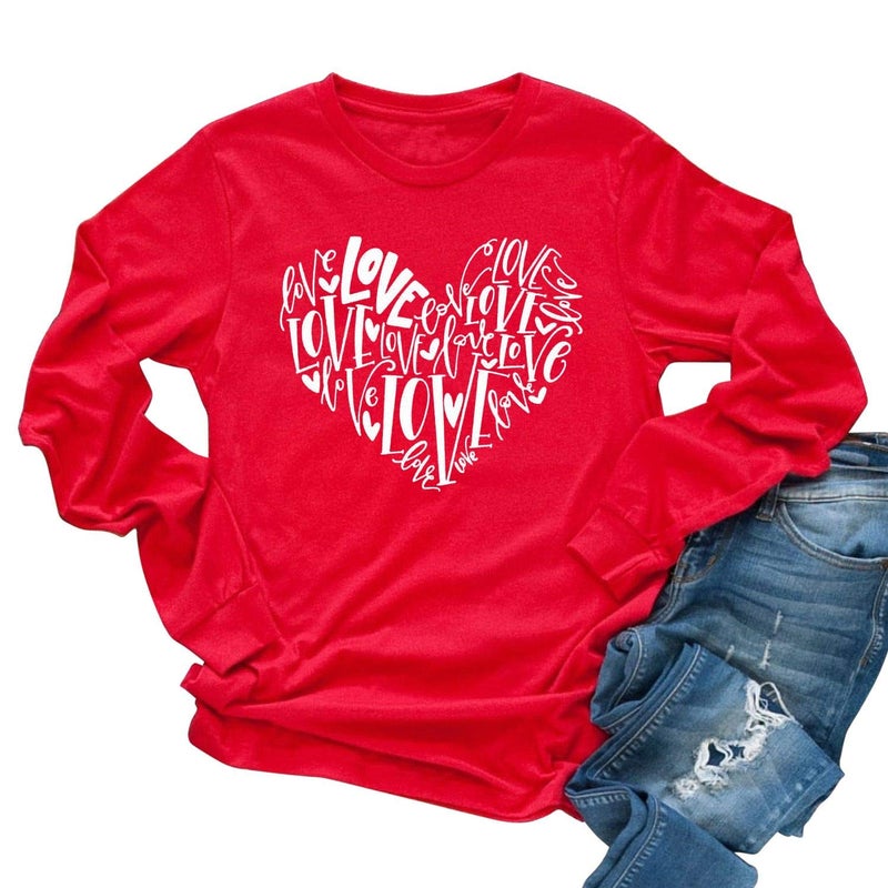 Beopjesk Womens Love Heart Raglans T-Shirts Casual Long Sleeve Valentine's Day Graphic Tees Tops (L, 1-Red)