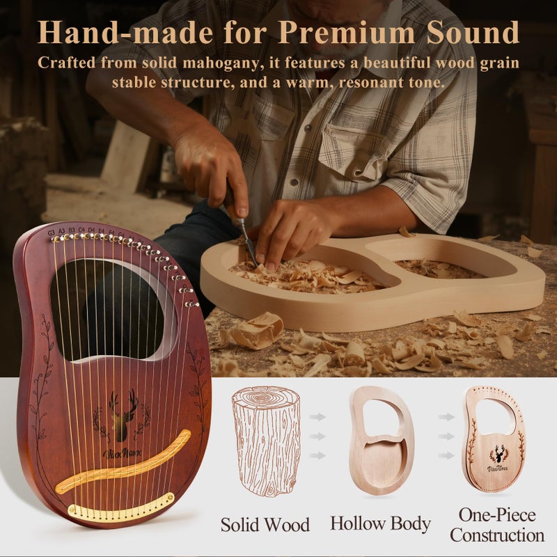 VixxNoxx Lyre Harp, 16-String Mahogany Lyra Harp Kit, Stringed Musical Instruments with Tuning Wrench Bag Instructions Extra Strings for Beginners Adults - Image 3