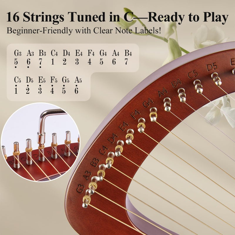VixxNoxx Lyre Harp, 16-String Mahogany Lyra Harp Kit, Stringed Musical Instruments with Tuning Wrench Bag Instructions Extra Strings for Beginners Adults - Image 5
