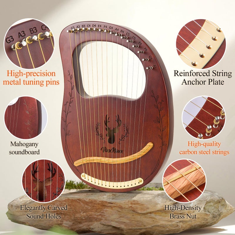 VixxNoxx Lyre Harp, 16-String Mahogany Lyra Harp Kit, Stringed Musical Instruments with Tuning Wrench Bag Instructions Extra Strings for Beginners Adults - Image 2