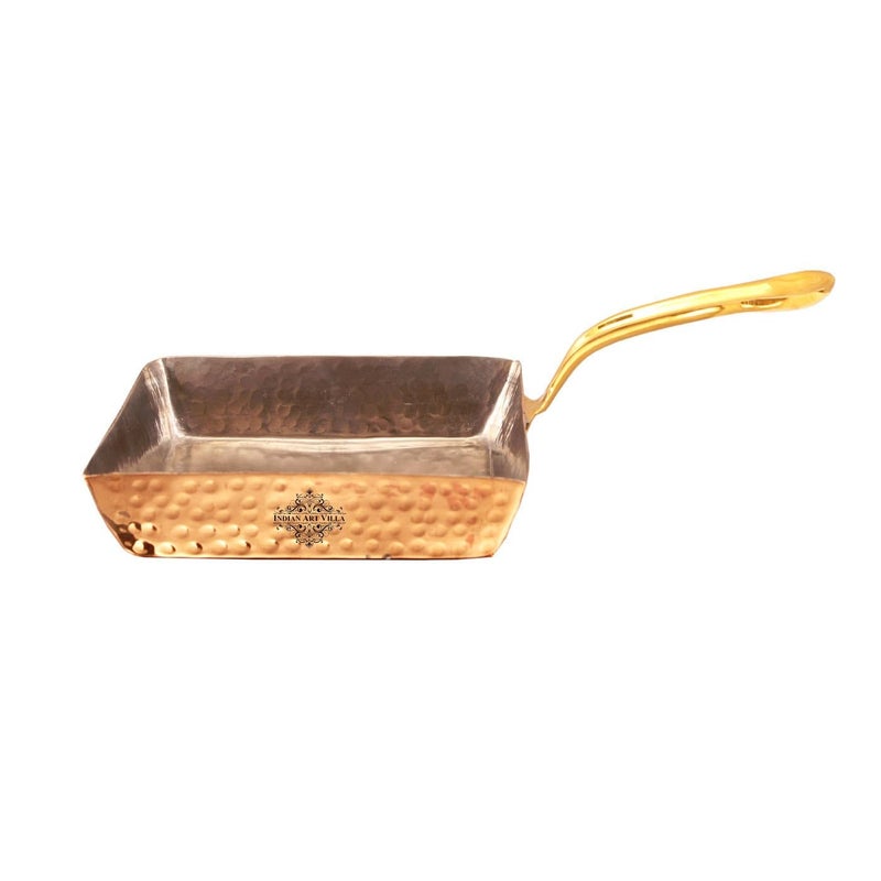 INDIAN ART VILLA INDIAN ART VILLA Copper Serving Square Pan with Inside Tin Lining Brass Handle Serveware Tableware Diameter 56 Inches  - Image 1