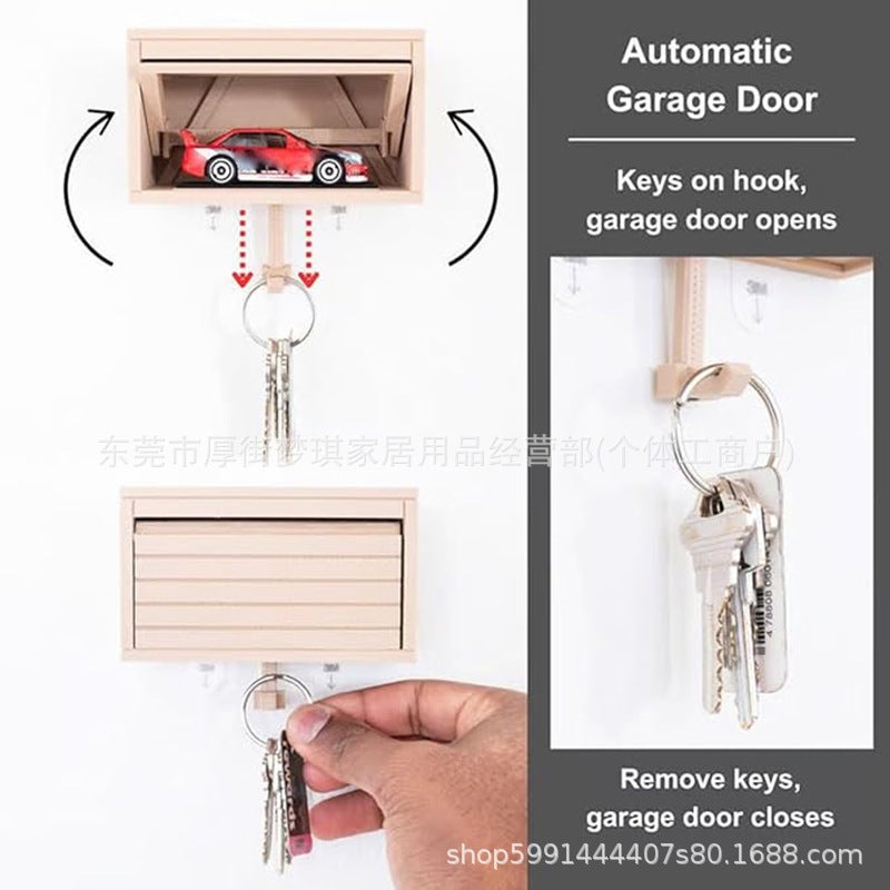 Car Garage Key Holder With Door: Wall Mounted Key Rack Organizer With Automatic Door For Keys, 3D Printed PLA Plastic Automotive Key Storage With 4 Sturdy Hooks, Blue Wood Grain Design For Entryway, F - Image 4