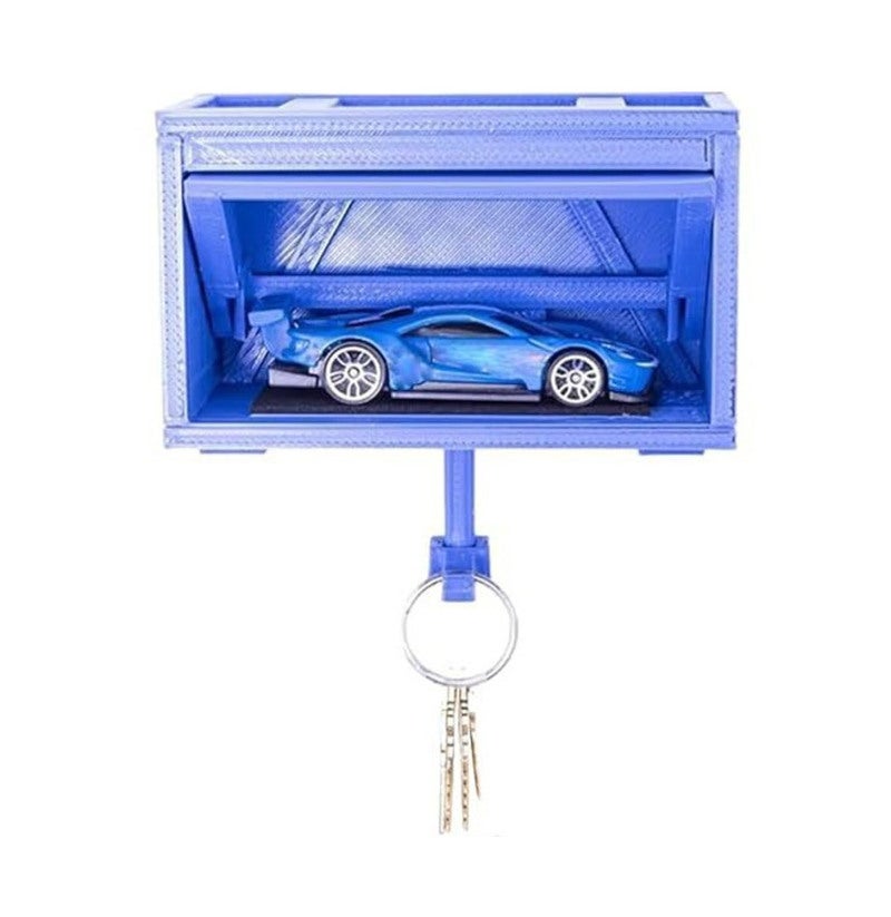 Car Garage Key Holder With Door: Wall Mounted Key Rack Organizer With Automatic Door For Keys, 3D Printed PLA Plastic Automotive Key Storage With 4 Sturdy Hooks, Blue Wood Grain Design For Entryway, F - Image 1