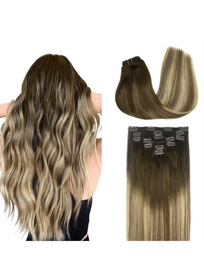 DOORES Hair Extensions Real Human Hair, DOORES Balayage Walnut Brown to Ash Brown and Bleach Blonde 120g 7pcs 18 Inch Remy Hair Extensions Clip in Human Hair Extensions Real Natural Hair Extensions Straight - Image 1