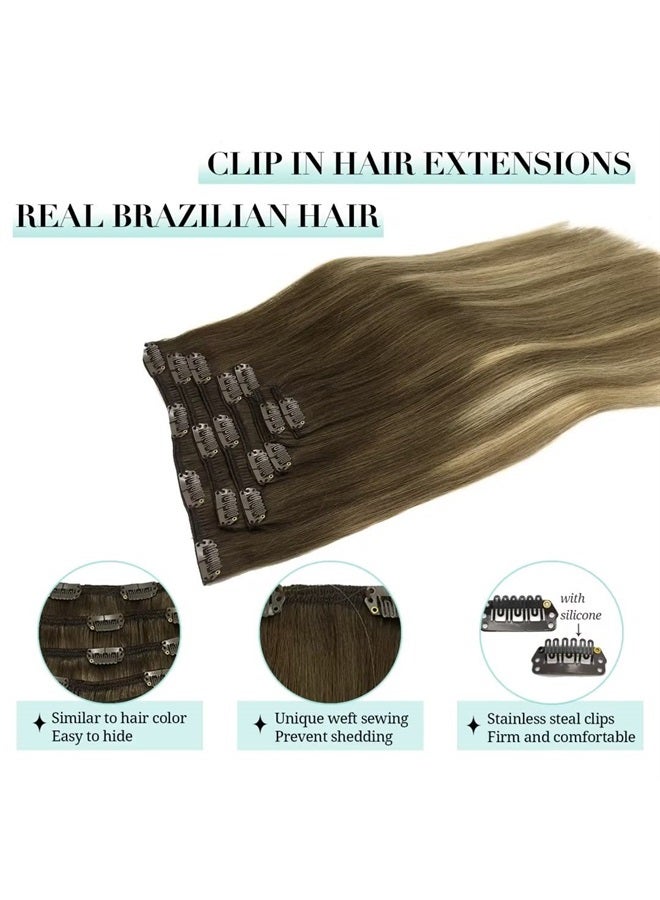 DOORES Hair Extensions Real Human Hair, DOORES Balayage Walnut Brown to Ash Brown and Bleach Blonde 120g 7pcs 18 Inch Remy Hair Extensions Clip in Human Hair Extensions Real Natural Hair Extensions Straight - Image 4
