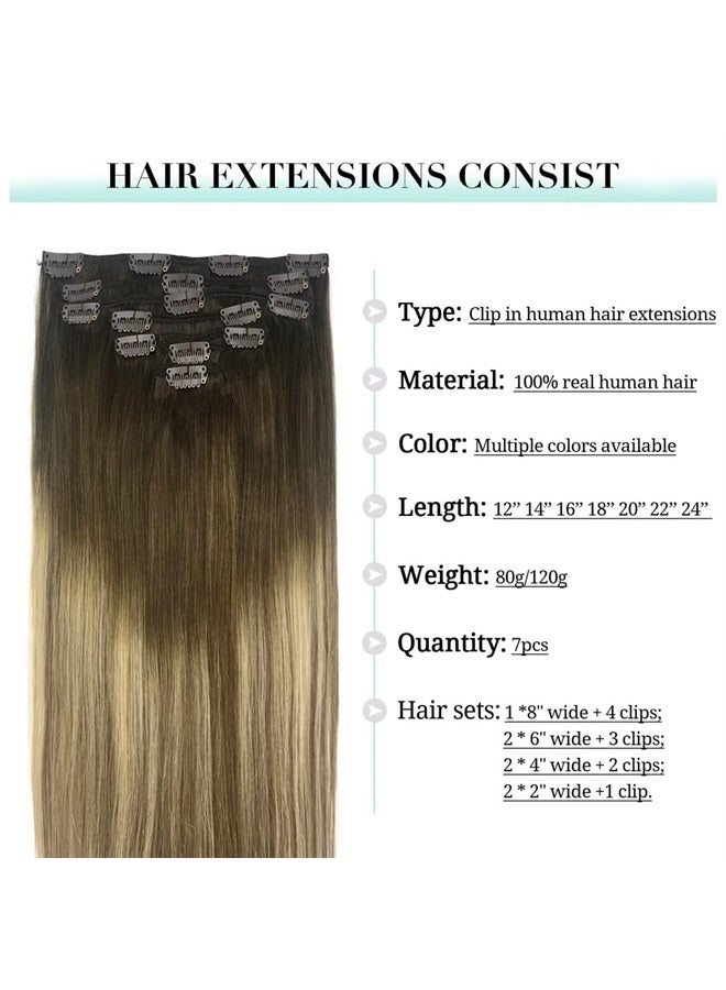 DOORES Hair Extensions Real Human Hair, DOORES Balayage Walnut Brown to Ash Brown and Bleach Blonde 120g 7pcs 18 Inch Remy Hair Extensions Clip in Human Hair Extensions Real Natural Hair Extensions Straight - Image 3