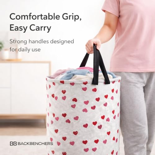 BB BACKBENCHERS Printed Laundry Basket 48L | Foldable Storage Bag with Handles | Multipurpose Clothes Hamper for Bedroom, Bathroom & Dorm | Non-Woven Fabric (Heart Print) | Grey | Pack of 1 - Image 5