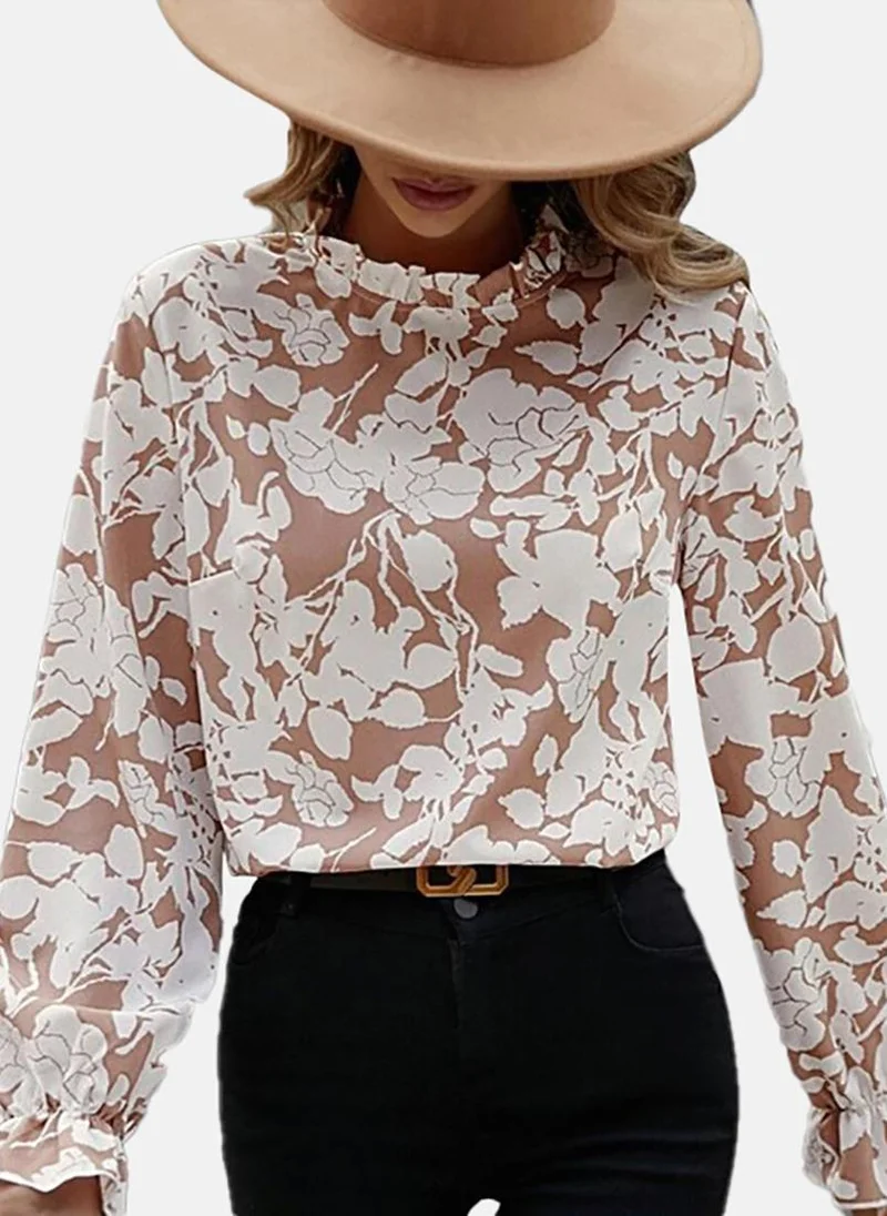 يونيكي Beige Floral Long Sleeve Round Neck Tunics