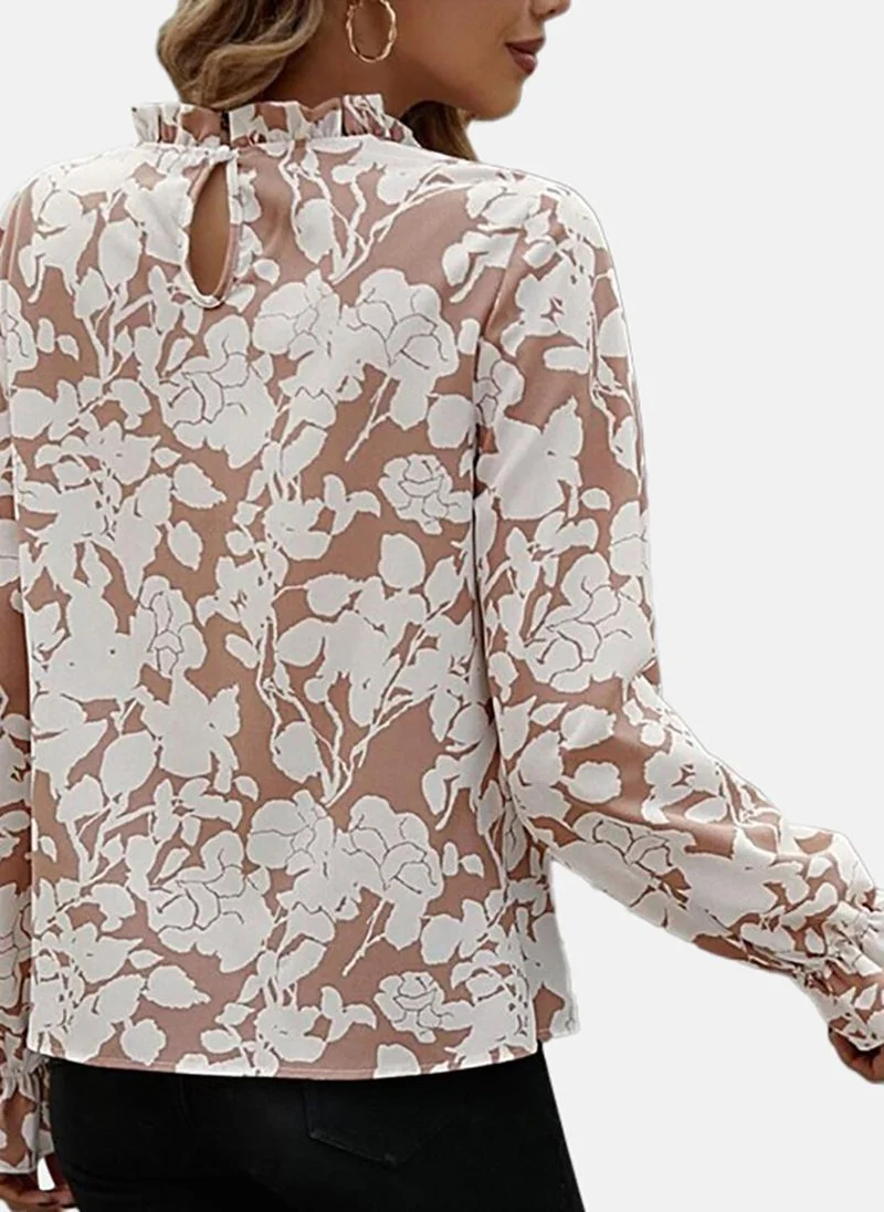 يونيكي Beige Floral Long Sleeve Round Neck Tunics