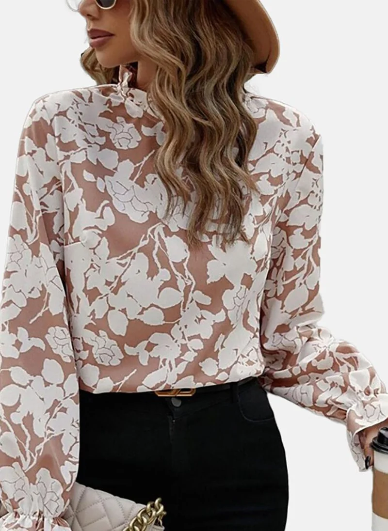 يونيكي Beige Floral Long Sleeve Round Neck Tunics