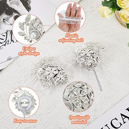 Yunsailing 2 Pcs Artificial Corsages Wrist Flower Rhinestone Wrist Corsage Artificial Silk Corsage Wedding Wrist Corsage for Wedding Boutonniere Wrist Flowers Party Bridal Shower (Silver Gray) - Image 3