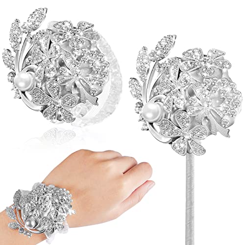 Yunsailing 2 Pcs Artificial Corsages Wrist Flower Rhinestone Wrist Corsage Artificial Silk Corsage Wedding Wrist Corsage for Wedding Boutonniere Wrist Flowers Party Bridal Shower (Silver Gray) - Image 1