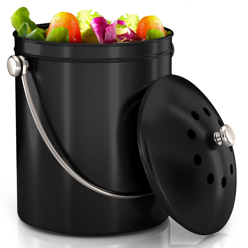 Utopia Kitchen Compost Bin for Kitchen Countertop 1 Gallon Compost Bucket for Kitchen with Lid Includes 1 Spare Charcoal Filter Black