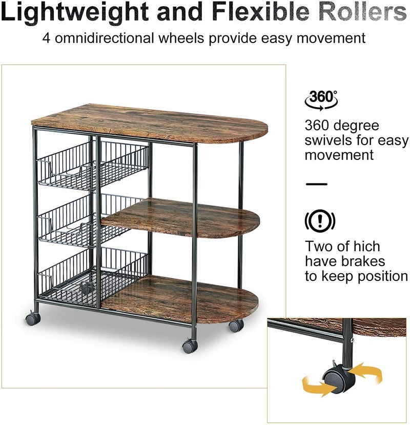 Generic Indian Decor XL6300 Kitchen Cart Durable 3Tier Kitchen Island Cart Trolley Industrial Microwave Oven Stand Utility Storage Cart with 3 Metal Baskets 4 Wheels 2 Locking Wheels  - Image 3