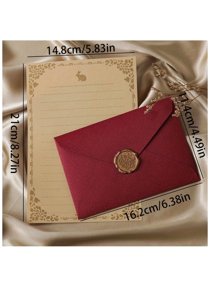 Vintage Letter Writing Set with Burgundy Envelope & Wax Seal, Decorative Rabbit Stationery Paper for Greeting Cards & Invitations 3 Thick Envelopes + 10 Stationery Sheets + 3 Wax Seals Gift Set - Image 3